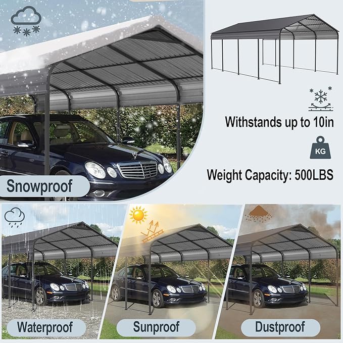 Metal Carport 12 ×20 FT Heavy Duty with Galvanized Steel Roof, Metal Garage Canopy with Galvanized Steel Roof & Frame, Car Tent Outdoor Storage Shed for Car, Boats and Truck, Gray