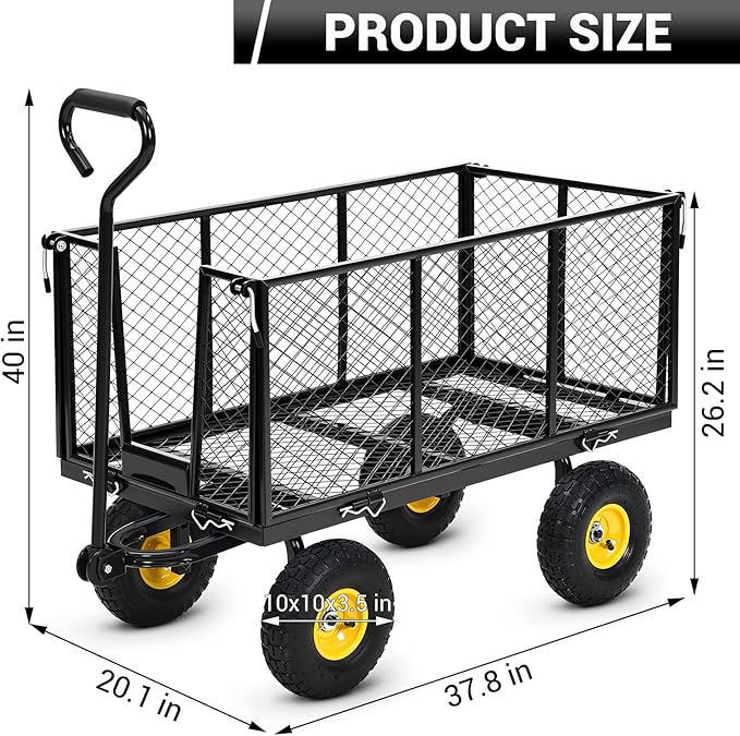 1100 Lbs Steel Garden Cart. Heavy Duty Metal Garden Wagon with 10" Wheels, Pullable Metal Garden Wagon with 180° Rotating Handle and Removable Sides for Farm, Yard