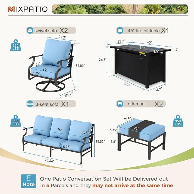 Patio Furniture Set, 6 Pcs Metal Outdoor Conversation Set, 2 Swivel Chairs, 2 Ottomans and 3 Seater Sofa with 5.75" Extra Thick Cushion and Gas Fire Pit Table, Blue