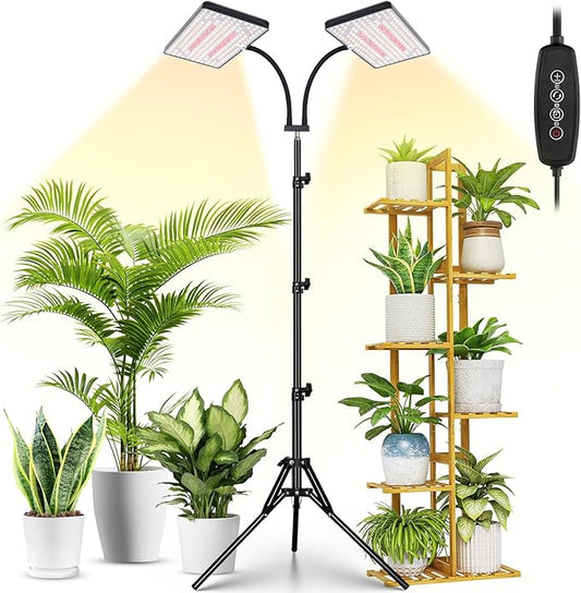 LBW Latest Grow Light for Indoor Plants, 428 LED Dual-Head Full Spectrum Standing Plant Light, Floor Grow Lamp with 3/6/12H Timer, 6 Brightness Levels, 3 Switch Modes, 75" Adjustable Tripod Stand