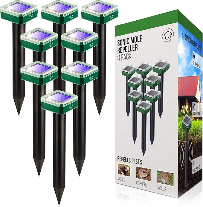 Livin' Well Solar Sonic Pest Repeller Stakes - 8pk Outdoor Pest Repellent with 10,500 Feet Range, Solar Powered Animal Control, Rodent Repellent and Deterrent for Mole, Vole, Gopher