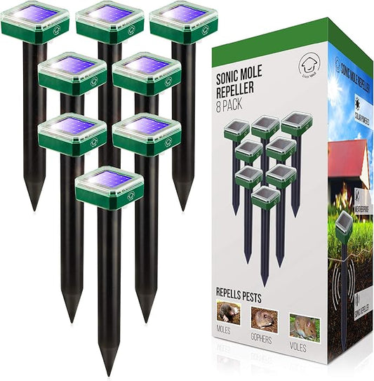 Livin' Well Solar Sonic Pest Repeller Stakes - 8pk Outdoor Pest Repellent with 10,500 Feet Range, Solar Powered Animal Control, Rodent Repellent and Deterrent for Mole, Vole, Gopher