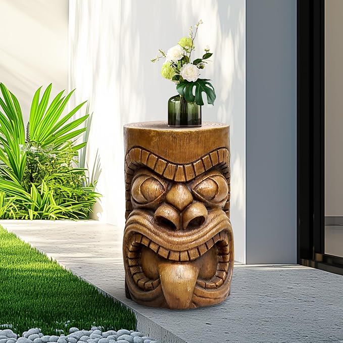 SKYFIRE Outdoor Decorative Sculpture - The Grande Tiki God Kanaloa Teeth Indoor Ornamental Outdoor Table Statues for Garden, Patio, Backyard, Lawn, House, Office Decor -19.6"H Concrete Stool End Table