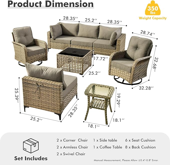 HOOOWOOO Outdoor Patio Furniture Set,8 Pieces Wicker Out Door Sectional Furniture L Shaped Couch,Patio Conversation Sets with Swivel Rocking Chair LED Table,Charcoal Gray
