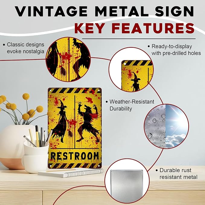 Halloween Restroom Decor Vintage Rustic Wall Art Retro Tin Plaque Iron Painting Funny Toilet Door 8x12inch