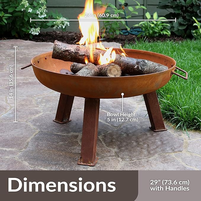 Sunnydaze 24-Inch Cast Iron Heavy-Duty Fire Pit for Outside - Wood-Burning Outdoor Fire Pit Bowl with Handles - Oxidized Finish