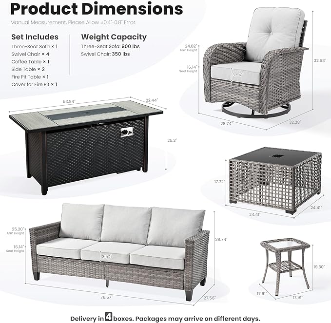 ovios 9 Pieces Patio Furniture Set, Outdoor Wicker Sofa Couch with Rocking Swivel Chairs Fire Pit Table, Modern Deep Seat Rattan Conversation Sets for Porch Deck, Grey