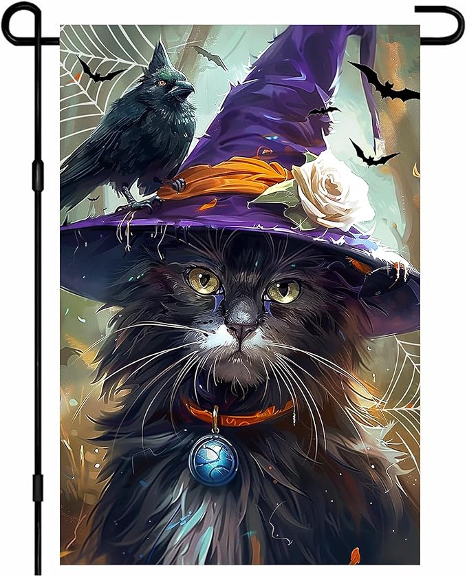 IVN Halloween Garden Flag 12x18 Inch Double Sided Witch Cat Raven Pumpkin Bat Fall Outdoor Flag for Yard Porch House Lawn Decoration Spooky Seasonal Holiday Banner