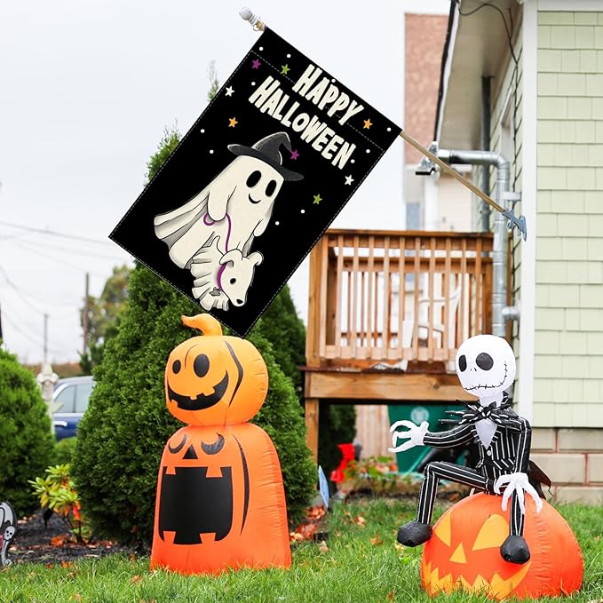 Happy Halloween Ghost Dog House Flag Large 28X40 Inch Big Vertical Double Sided Yard Outdoor Outside Holiday Decoration