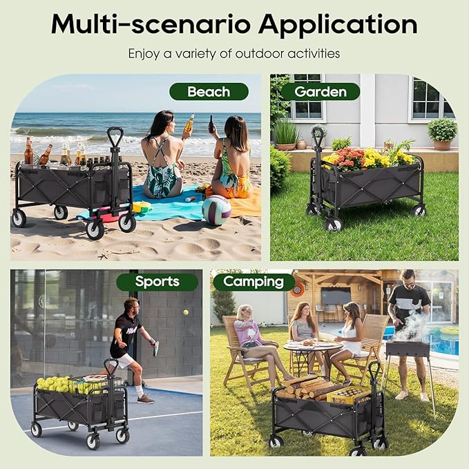 Collapsible Wagon Folding Wagon Garden Cart with Large Capacity, Portable Utility Wagon Cart Heavy Duty for Beach Camping Shopping Garden (Grey)