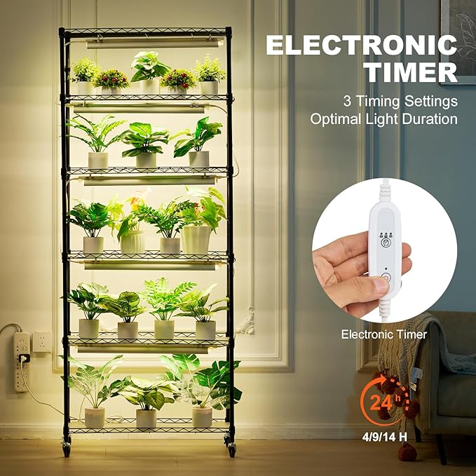 VEVOR Plant Stand with Grow Light, 6-Tier Large Tall Plant Shelf with 150W Full Spectrum Grow Light, 3 Mode LED Plant Light with Timer and Wheel for Seed Starting 29.5" L x 13.8" W x 70.9" H