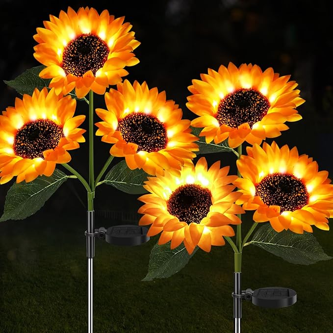Solar Garden Lights Outdoor Waterproof, 2 Pack Solar Powered Decorative Sunflower Garden Stake Lights for Outdoor Patio Pathway Walkway Landscape Yard Cemetery Grave Decorations