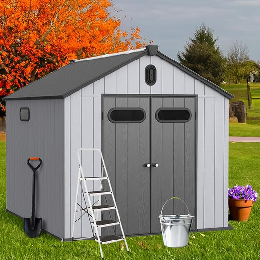 8x10 FT Outdoor Storage Shed with Hinge Door,Window & Air Vent,Outdoor Plastic Tool House W/Waterproof Tilted Roof,Heavy Duty Stroage Unit for Backyard,Patio,Lawn,Garden,Grey+Black