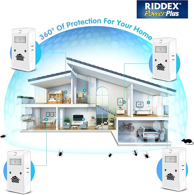 RIDDEX Power Plus Insect Repellent | Plug in, Mouse Deterrent - Pest Control for Defense Against Rats, Mice, Roaches, Bugs and Insects | Control Pests with No Toxins with Side Outlet