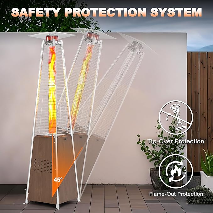 Nuu Garden 48,000 BTU Pyramid Propane Heater Outdoor Patio Heaters with Wheels, Patio Heater with Glass Tube Deck Porch for Outdoor Use Camping Backyard, Stainless Steel Burner, Wood-Grain Finish