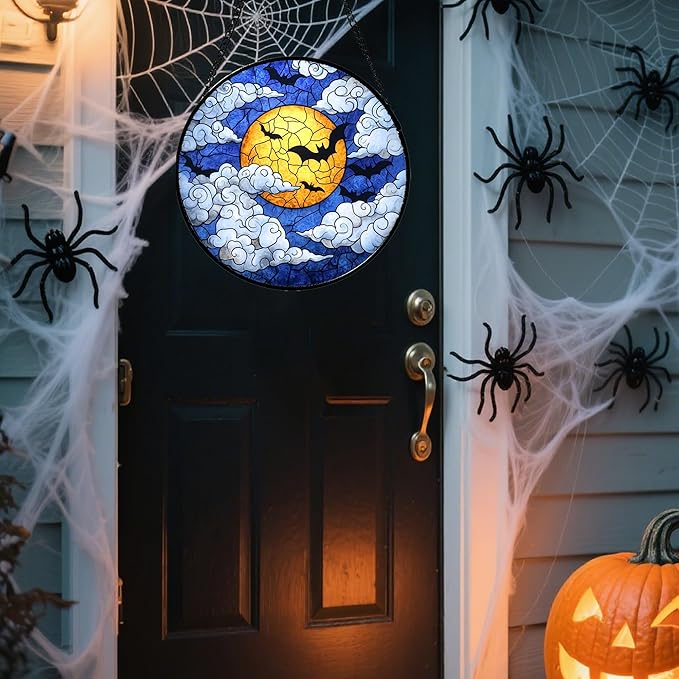 Stained Glass Window Hanging - Halloween Decorations Bats Moon Clouds Suncatcher for Doors Garden Indoor Spooky Funny Sun Catchers Gothic Decor Horror Gifts for Women Men Friend 9.8 in