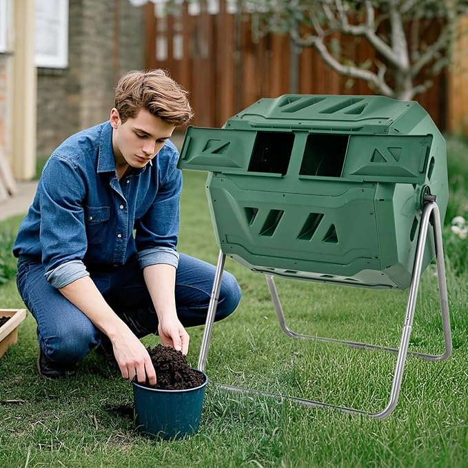 Goplus Compost Tumbler, 43 Gallon Rotating Compost Bin Barrel, Dual Chamber Tumbling Composter with Sliding Door, Gloves, Aeration System for Outdoor, Garden, Yard