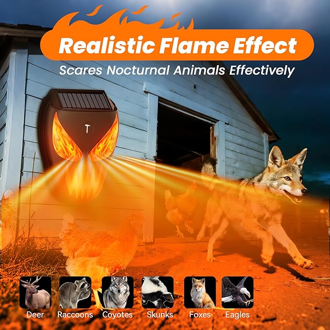 2 Pack Solar Nocturnal Animal Repeller with LED Flashing Lights, Effective Repels Deer, Coyote, Raccoon, Skunk, Fox & Hawk, Flame Predator Light for Chicken Coop, Farm, Yard & Garden