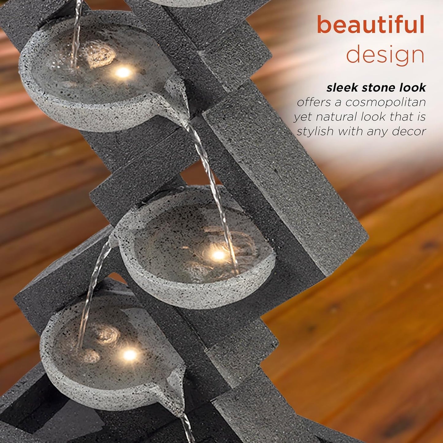 Alpine Corporation GIL1642 Outdoor Floor 4-Tiered Stone-Inspired Waterfall Fountain with LED Lights, 39", Gray