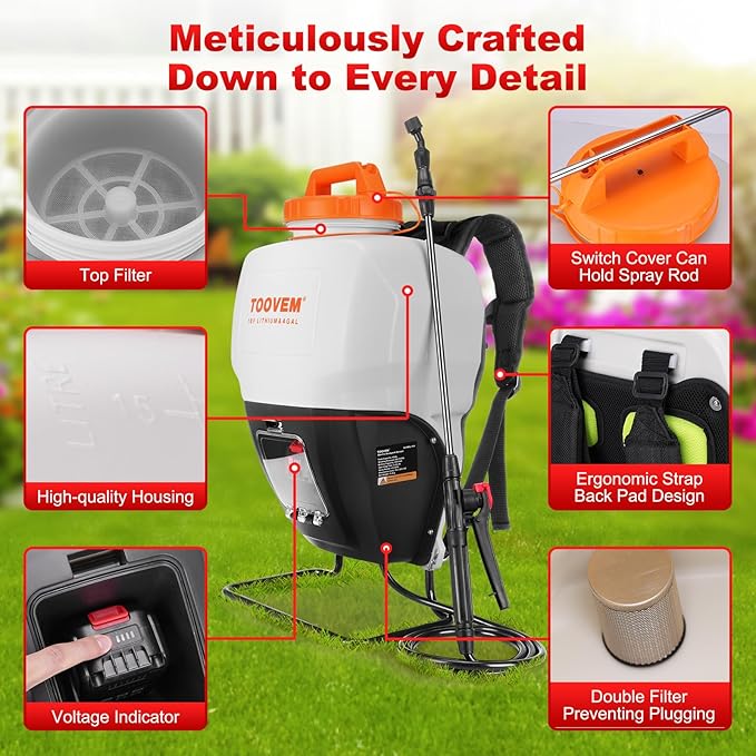 Toovem 4 Gallon Battery Powered Backpack Sprayer - Electric Garden Sprayer with 18V Strong Battery, Automatic Pressurization, 4 Nozzles, Comfortable Design for Lawn, Garden, Farms & Orchards Spraying