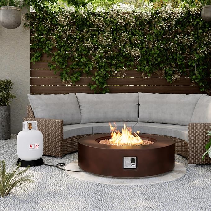 SUNBURY Outdoor 42-Inch Propane Fire Pit,CSA Certified,Dark Brown Concrete Patio Fire Table 50,000 BTU w Waterproof Cover, Lava Rocks