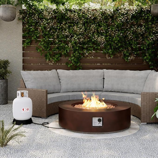 SUNBURY Outdoor 42-Inch Propane Fire Pit,CSA Certified,Dark Brown Concrete Patio Fire Table 50,000 BTU w Waterproof Cover, Lava Rocks