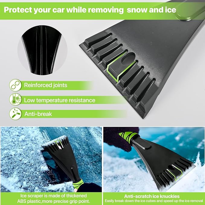27" Snow Brush and Ice Scrapers for Car Windshield 2 Pack, Scratch-Free Bristle Head PVC Snow Brush & Foam Grip Window Snow Scraper Snow Removal Tool with Aluminum Body for Truck, SUV, Green