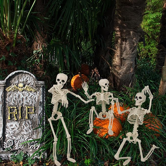 6PCS Halloween Skeleton Decorations Indoor Outdoor - 16" Full Skull Body with Movable Joint Skeleton for Halloween Indoor Outdoor Party Decor Spooky Scary Yard Lawn Garden Patio Haunted House