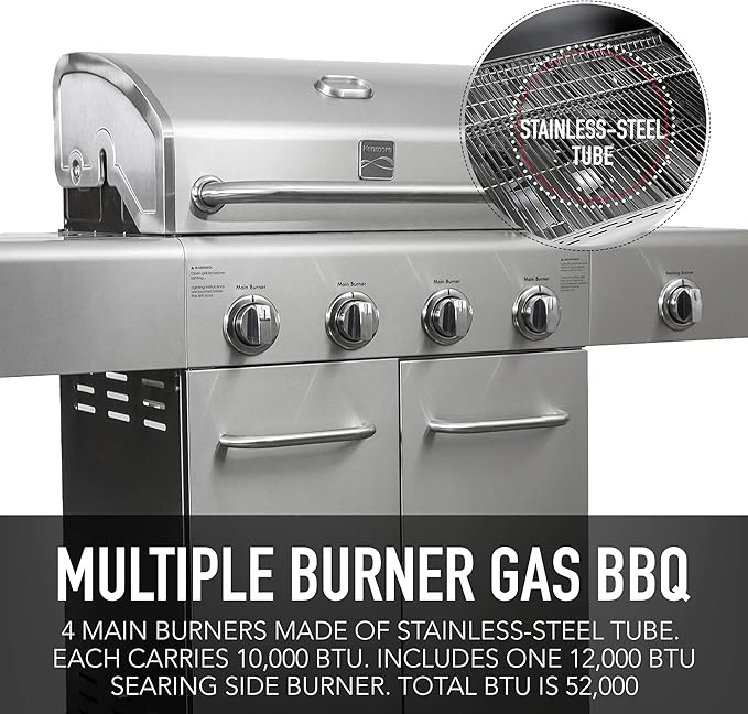 Kenmore 4-Burner BBQ Gas Grill with Searing Side Burner, Stainless Steel Propane Grill, 52,000 BTUs, Cabinet Style, Includes Warming Rack, Electronic Ignition & Stainless Steel Cooking Grates