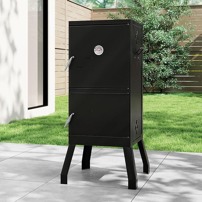 Charcoal Smoker Outdoor, Vertical BBQ Smoker with Thermostat, 2 Access Doors, 2 Cooking Grates, 2 Removable Pans & 4 Air Vents, Meat Smokers Grill for Parties, Barbecues and Backyard