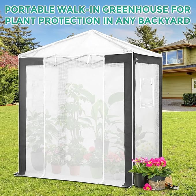 EAGLE PEAK 6x4 Portable Walk in Greenhouse with Polyester Reinforced Corners, Instant Pop up Indoor Outdoor Gardening Green House, Roll Up Zipper Entry Door and Mesh Windows, Gray/White