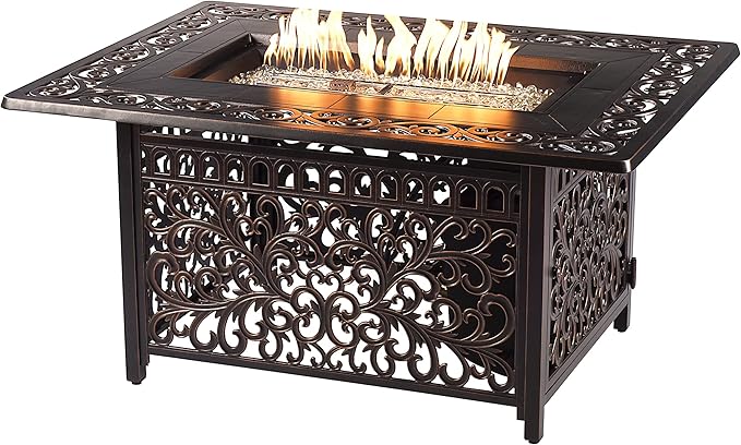 Oakland Living Black Aluminum Patio Fire Table Set with Two Deep Seating Sofa with Cushions and Two Club Chairs with Light Grey Cushions