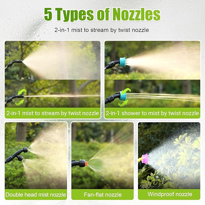 Battery Powered Sprayer 3.2 Gallon,Powerful Electric Sprayer with 5 Mist Nozzles,Rechargeable Handle, 41 in Retractable Wand,Adjustable Shoulder Strap,for Lawn, Garden, Cleaning