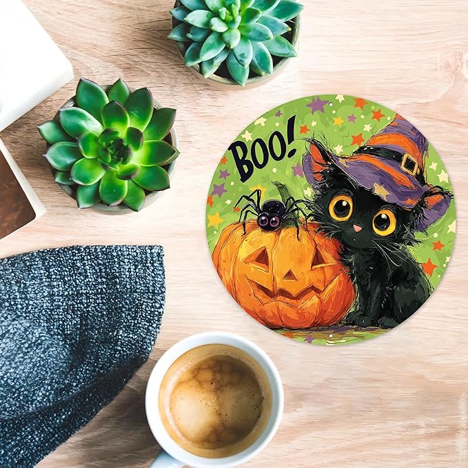 PEACHGARDEN Halloween Black Cat Round Metal Tin Sign Vintage Boo Decor Pumpkin Retro Wall Art Plaque Iron Painting 8x8inch