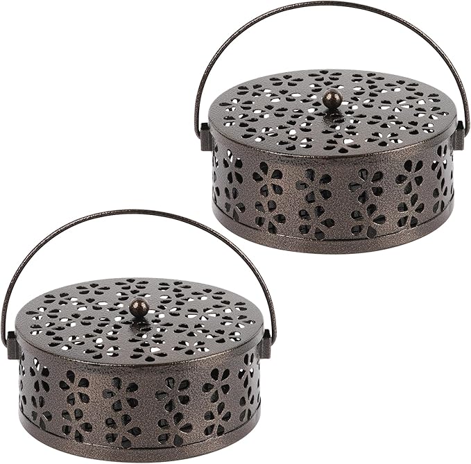 Portable Iron Mosquito Coil Holder with Handle Round Heat-Resistant Incense Holder for Home Office Camping (2Pack Bronze)