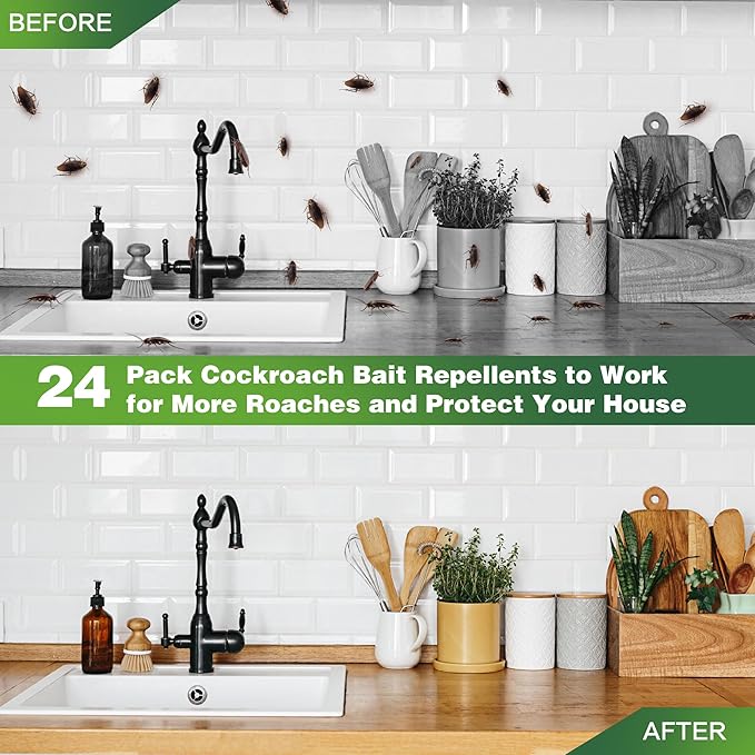 24 Pack Cockroach Gel Bait & Roach Killer Indoor for Home, Powerful Roach Repellent Bait Trap Infestation Solution, Easy to Use Cockroach Deterrent Indoor Outdoor for Kitchen Home RV Corner Pet Safe