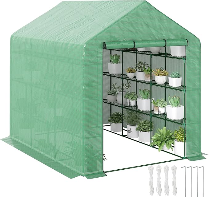 Outsunny 8' x 6' x 7' Walk-in Greenhouse, PE Cover, 4-Tier Shelves, Steel Frame Hot House, Roll-Up Zipper Door for Flowers, Vegetables, Saplings, Tropical Plants, Green