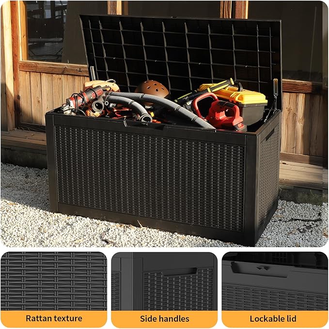 ROJIK Outdoor Storage Housing Deck Box - Waterproof Patio Furniture, Garden Tools, Cushions, Pool Accessories Storage Bench with Lockable Lid and Side Handles (Black 100 Gal)