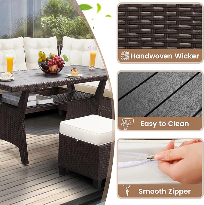 6-Piece Outdoor Patio Furniture Set - Sectional Sofa, Dining Table & Chairs Included, All-Weather Dining Set with Ottoman, Brown Wicker and White Cushions