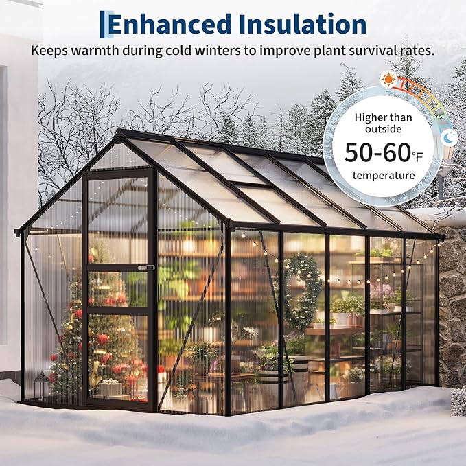 Greenhouses, 6x10 FT Greenhouse for Outdoors, Polycarbonate Greenhouse with Roof Vent, Ground Nails, Lockable Hinged Door, Aluminum Large Walk-in Green House for Outside Garden Backyard, Patio, Lawn