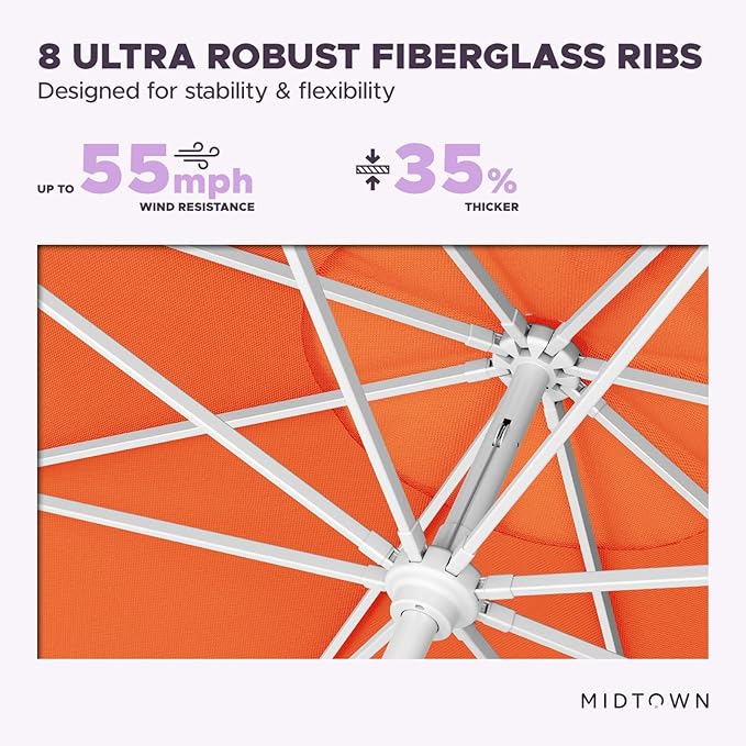 Midtown Umbrellas The Swilt 9 Feet Patio Umbrella in Terylast Tangerine (Bright Orange) Polyester Fabric - Fiberglass Ribs, Auto-Tilt Aluminum Frame For Backyard, Deck, Garden, Pool - White Pole