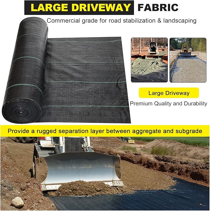 DWALE Driveway Fabric, 4x300 ft Polyethylene 4OZ Woven Black Weed Barrier Fabric for Erosion Control, Landscaping & Construction Projects