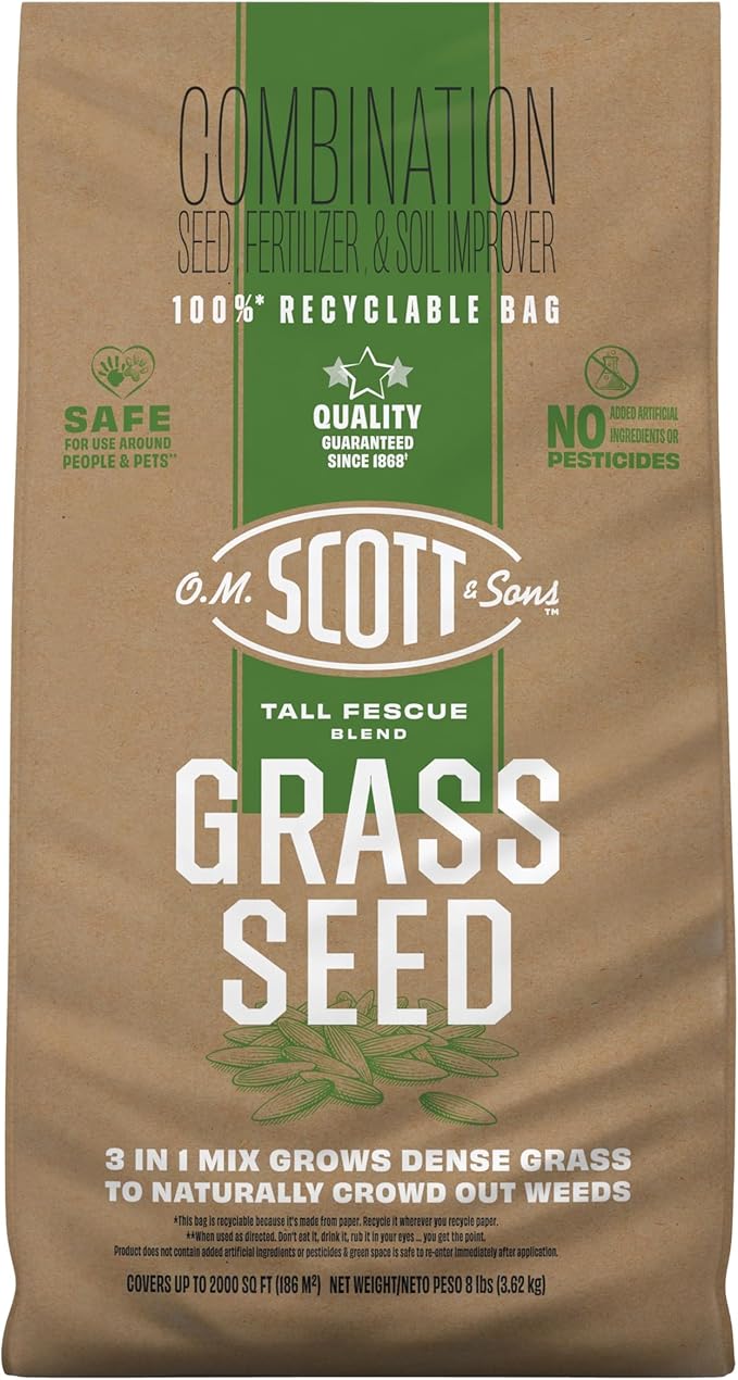 O.M. Scott and Sons Tall Fescue Blend Grass Seed, Fertilizer and Soil Improver, Naturally Crowds Out Weeds, Covers Up to 2,000 sq. ft., 8 lbs.