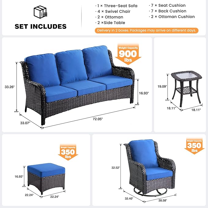 ovios 9 Pieces Patio Furniture Set, Outdoor Wicker Sofa Couch with Swivel Chairs Ottomans Comfy Cushions, All Weather High Back Modern Conversation Sets, Brown Rattan, Navy Blue