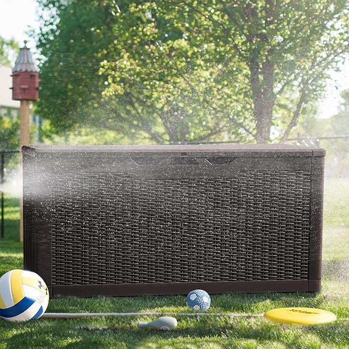 Greesum 100 Gallon Resin Deck Box Large Outdoor Storage, Imitation Rattan Weave Texture for Patio Furniture, Garden Tools, Pool Supplies, Weatherproof and UV Resistant, Lockable, Dark Brown