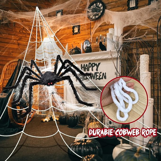 Spider Webs Halloween Decorations Outdoor, 16.4 x 15.7 ft Triangular Spider Web + 50‘’ Scary Giant Spider, 20 g Stretch Cobwebs Outdoor Halloween Decorations for Outside Yard Garden Lawn Party