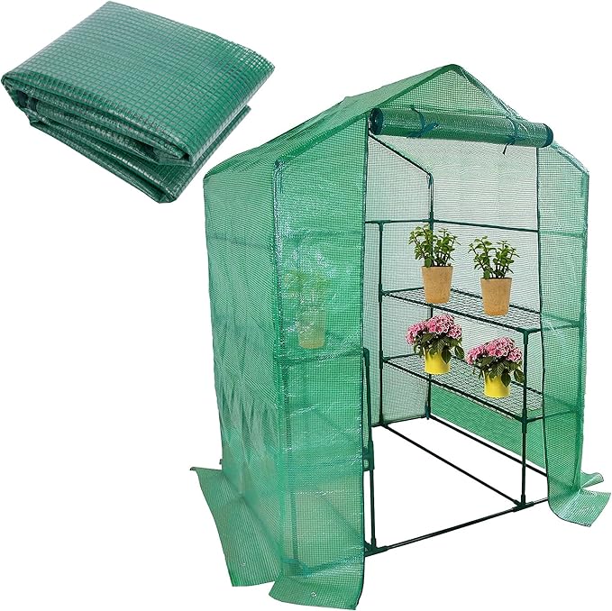 Walk-in Greenhouse Replacement Cover with Roll-Up Zipper Door- 56"x56"x76" PE Plant Gardening Greenhouse Cover for Gardening Plants Cold Frost Protection Wind Rain Proof (Frame Not Include)