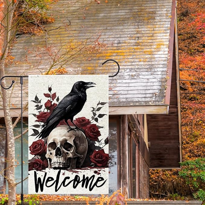 Halloween Welcome Skull Floral Rose Crow Garden Flag Double Sided Vertical, Rustic Farmhouse Yard Day Of The Dead Holiday Outdoor Decorative Flag 12.5 X 18.5 Inch