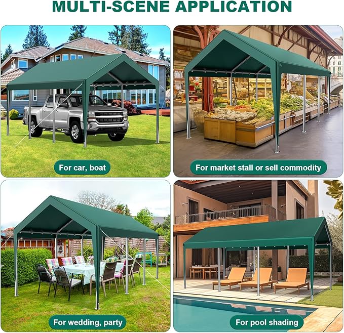 12x20FT Heavy Duty Carport Potable Car Canopy Garage Party Tent Boat Shelter,Waterproof & UV Protected with Four Wind-Resistant Ropes, Outdoor Tents for Cars,Boats,Trucks, Motorcycles(Green)
