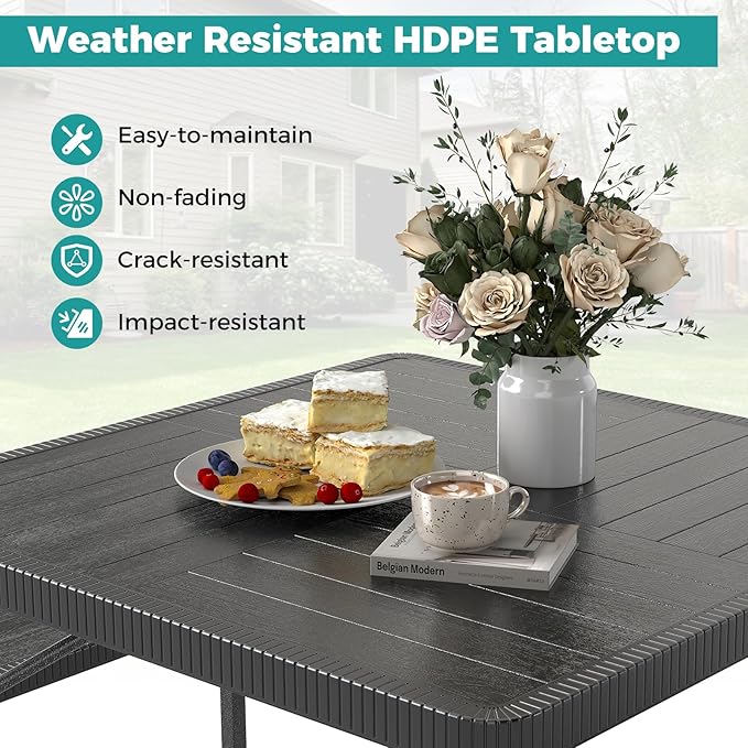 Giantex Picnic Table Bench Set for 4-8 People, 34" Outdoor Square Dining Table & 2 Benches w/Umbrella Hole, HDPE Tabletop, Metal Frame, Patio Camping Furniture for Backyard Porch Lawn (Black,Square)